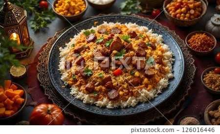 Colorful Indian dishes including Biryani, mutton, and beef, arranged for a celebratory Eid al-Adha meal Colorful Indian dishes including Biryani, mutton, and beef, arranged for a celebratory Eid al-Adha meal 126016446