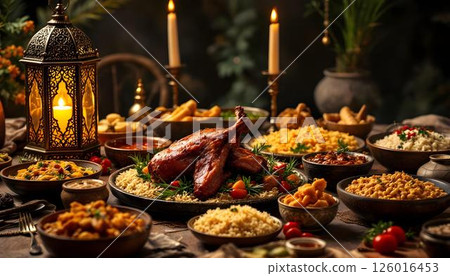 A traditional Ramadan feast for Eid al-Adha, displaying roasted lamb, rice, and Harees on a decorated table 126016453