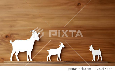 A goat set against a wooden backdrop, representing Eid al-Adha sacrifice, adorned with decorative paper cut elements A goat set against a wooden backdrop, representing Eid al-Adha sacrifice, adorned with decorative paper cut elements 126016472
