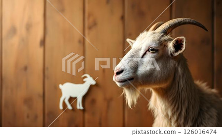 Goat on a wooden background, symbolizing sacrifice for Eid al-Adha, with intricate paper cut designs surrounding it Goat on a wooden background, symbolizing sacrifice for Eid al-Adha, with intricate paper cut designs surrounding it 126016474