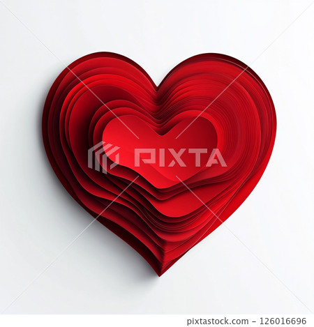 A heart-shaped design featuring layered, wavy, paper-like textures in red and pink, showcasing an abstract and artistic composition with dimensional depth. 126016696