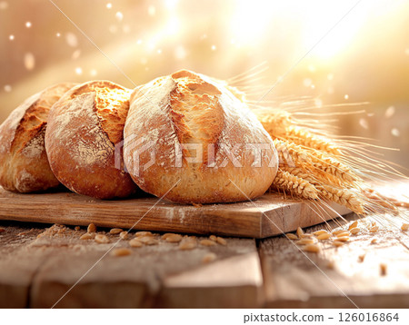 Freshly baked bread with a golden crust on a wooden surface, accompanied by wheat stalks and scattered grains, illuminated by warm glowing light. 126016864