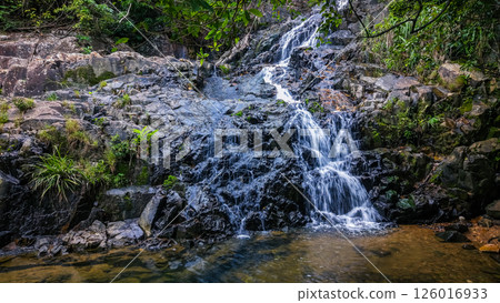 Serene Waterfall Cascading Over Jagged Rocks in a Forested Area 126016933