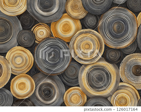 A pattern of tree trunk cross-sections in different sizes and colors, revealing growth rings and natural textures in an organic, layered arrangement. A pattern of tree trunk cross-sections in different sizes and colors, revealing growth rings and natural textures in an organic, layered arrangement. 126017164
