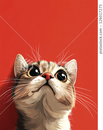 A close-up illustration of a white cat with large, black eyes and a pink nose, looking upwards against a coral pink background. The fur is detailed, and the expression is captivating. 126017275