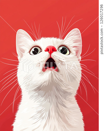 A close-up illustration of a white cat with large, black eyes and a pink nose, looking upwards against a coral pink background. The fur is detailed, and the expression is captivating. 126017296
