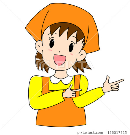 A girl pointing with an apron A girl pointing with an apron 126017315