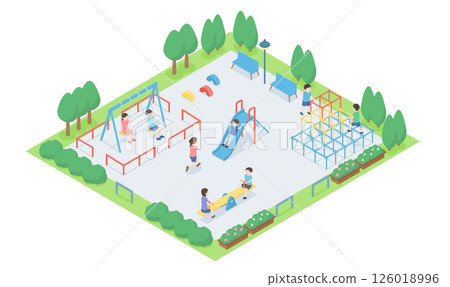 公園裡有許多孩子在玩耍的等距插圖 公園裡有許多孩子在玩耍的等距插圖 126018996