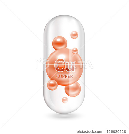 Minerals copper and Vitamin inside capsule. Helps maintain brain, strong bone. Medical and dietary supplement health care concept. 3D Vector EPS10 illustration. Isolated on a white background. Minerals copper and Vitamin inside capsule. Helps maintain brain, strong bone. Medical and dietary supplement health care concept. 3D Vector EPS10 illustration. Isolated on a white background. 126020228