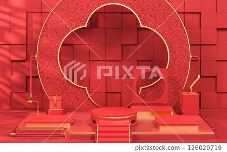 Empty showcase stage, Chinese style, 3d rendering. 126020719
