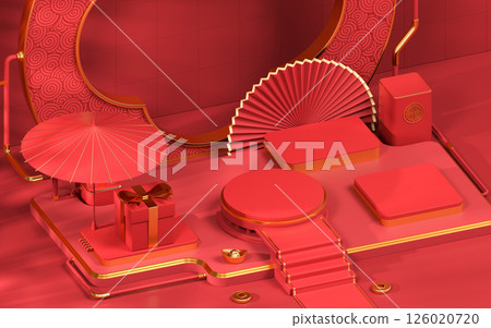 Empty showcase stage, Chinese style, 3d rendering. Empty showcase stage, Chinese style, 3d rendering. 126020720