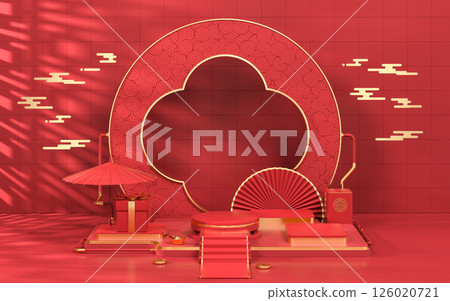Empty showcase stage, Chinese style, 3d rendering. Empty showcase stage, Chinese style, 3d rendering. 126020721