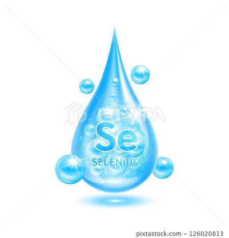 Minerals selenium water drop blue and vitamins complex. Scientific medical and dietary supplement health care concept. Isolated on white background. Realistic 3D vector EPS10 126020813