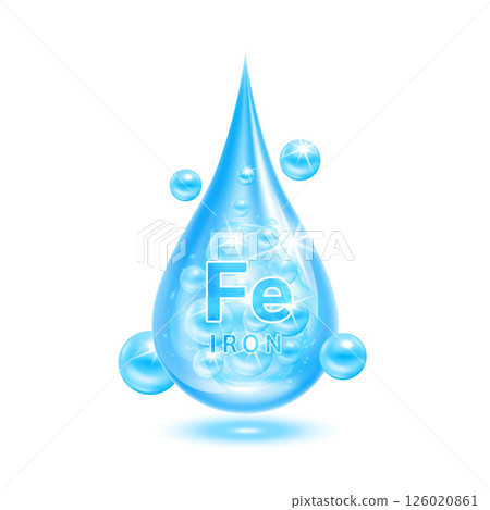 Minerals iron water drop blue and vitamins complex. Scientific medical and dietary supplement health care concept. Isolated on white background. Realistic 3D vector EPS10 Minerals iron water drop blue and vitamins complex. Scientific medical and dietary supplement health care concept. Isolated on white background. Realistic 3D vector EPS10 126020861