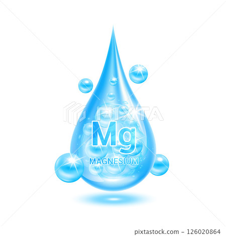 Minerals magnesium water drop blue and vitamins complex. Scientific medical and dietary supplement health care concept. Isolated on white background. Realistic 3D vector EPS10 Minerals magnesium water drop blue and vitamins complex. Scientific medical and dietary supplement health care concept. Isolated on white background. Realistic 3D vector EPS10 126020864