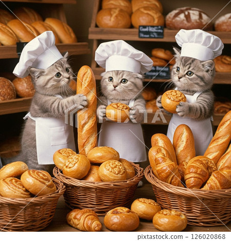 Kitten store clerks arranging bread at a bakery Kitten store clerks arranging bread at a bakery 126020868