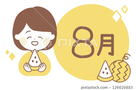 Line drawing illustration of a woman eating watermelon and August title logo 126020883