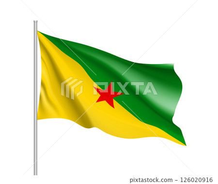 Realistic waving flag of French Guiana. Illustration of South America country flag on flagpole. Vector 3d icon isolated on white background 126020916