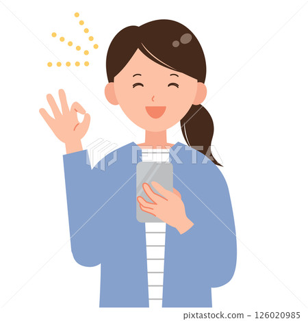 Illustration of a smiling woman holding a smartphone and making an OK sign 126020985