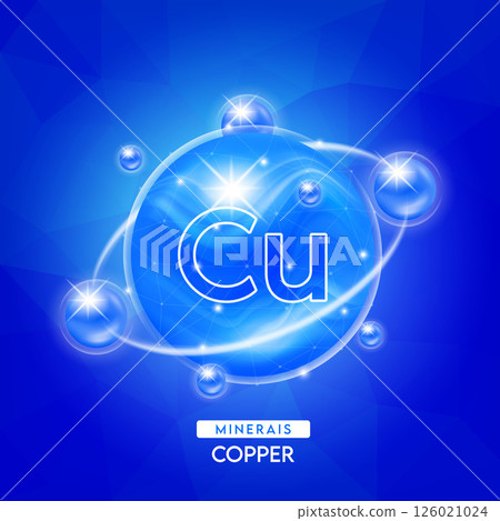 Minerals copper and vitamins complex for health. Capsule minerals blue for nutrition products food and drug. Scientific research medical concept. Isolated 3D Vector EPS10 illustration. 126021024