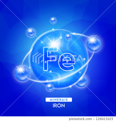 Minerals iron and vitamins complex for health. Capsule minerals blue for nutrition products food and drug. Scientific research medical concept. Isolated 3D Vector EPS10 illustration. 126021025