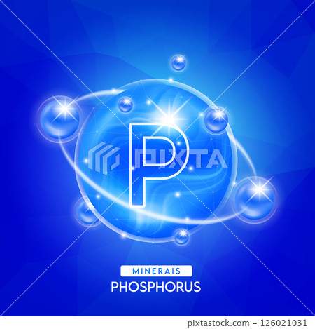 Minerals phosphorus and vitamins complex for health. Capsule minerals blue for nutrition products food and drug. Scientific research medical concept. Isolated 3D Vector EPS10 illustration. 126021031