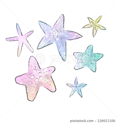 A set of colorful and fantastic watercolor illustrations of starfish and seashells 126021100