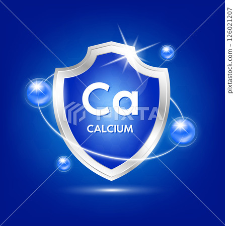 Minerals calcium Ca shield with blue atom and vitamins complex. Protect the body stay healthy. For nutrition products food. Medical scientific concepts. Vector illustration. Minerals calcium Ca shield with blue atom and vitamins complex. Protect the body stay healthy. For nutrition products food. Medical scientific concepts. Vector illustration. 126021207