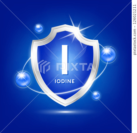 Minerals iodine Ca shield with blue atom and vitamins complex. Protect the body stay healthy. For nutrition products food. Medical scientific concepts. Vector illustration. 126021211