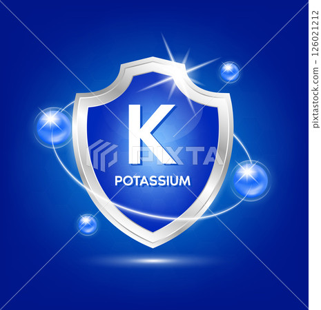 Minerals potassium Ca shield with blue atom and vitamins complex. Protect the body stay healthy. For nutrition products food. Medical scientific concepts. Vector illustration. 126021212