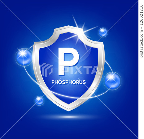 Minerals phosphorus Ca shield with blue atom and vitamins complex. Protect the body stay healthy. For nutrition products food. Medical scientific concepts. Vector illustration. 126021216