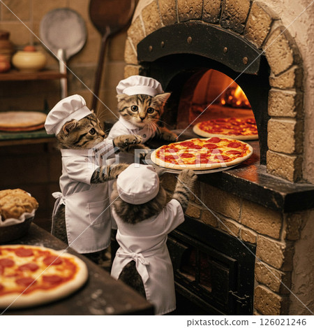 廚房場景:小貓在披薩烤箱裡烤披薩 廚房場景:小貓在披薩烤箱裡烤披薩 126021246