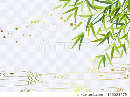 Bamboo leaves, background, Japanese style, checkered pattern, cute, illustration, horizontal 126021379