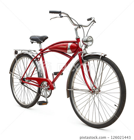 Classic red bicycle mockup, side view, isolated on white. Vintage two-wheeler concept. Outdoor transport design for adventure or urban visuals. 126021443