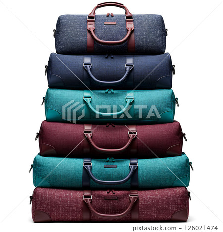 Stack of soft luggage bags mockup, isolated on white. Travel gear concept. Fabric suitcase design for trip, vacation, or airport visuals. 126021474