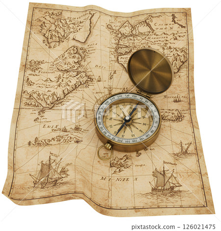 Compass on antique map mockup, top view, isolated on white. Navigation and exploration concept. Vintage cartography design template for travel visuals. Compass on antique map mockup, top view, isolated on white. Navigation and exploration concept. Vintage cartography design template for travel visuals. 126021475