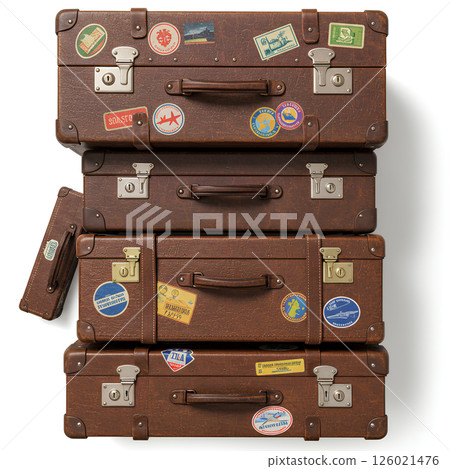 Stack of vintage leather suitcases mockup, front view, isolated. Retro travel luggage template. Classic brown bags for tourism, vacation, or journey concept. 126021476