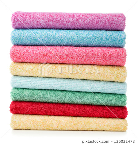 Stack of colorful bath towels mockup, isolated on white. Soft cotton textile template. Spa, home, or bathroom linen design concept. 126021478
