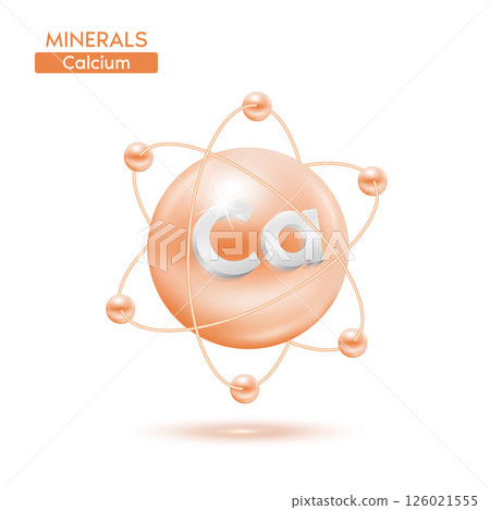 Minerals calcium atom surrounded by electrons cream. Icon 3D isolated on a white background. Medical scientific concepts. 3D Vector EPS10 illustration. 126021555
