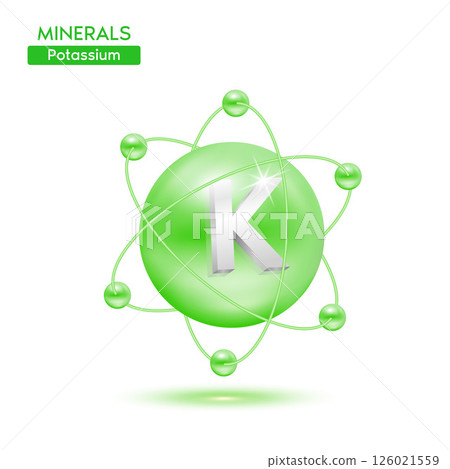 Minerals potassium atom surrounded by electrons green. Icon 3D isolated on a white background. Medical scientific concepts. 3D Vector EPS10 illustration. 126021559