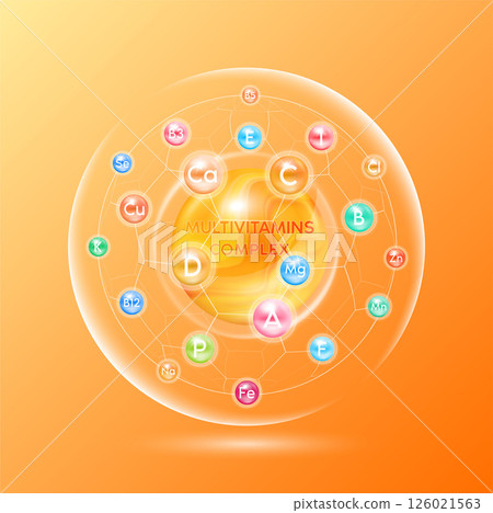 Minerals vitamins complex. Multivitamins capsules isolated on blue background. Dietary supplement for pharmacy clinic advertisement package design. Science medic concept. 3D vector EPS10. 126021563