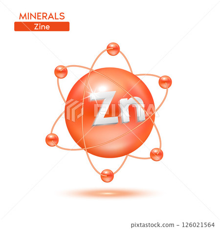 Minerals zinc atom surrounded by electrons orange. Icon 3D isolated on a white background. Medical scientific concepts. 3D Vector EPS10 illustration. Minerals zinc atom surrounded by electrons orange. Icon 3D isolated on a white background. Medical scientific concepts. 3D Vector EPS10 illustration. 126021564