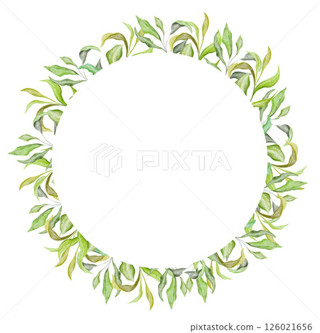 Elegant green leafy spring wreath, blueberry leaves. Romantic botanical watercolor circle frame, white background. Ideal arrangement for wedding, christening invitations, greeting card, save the date 126021656