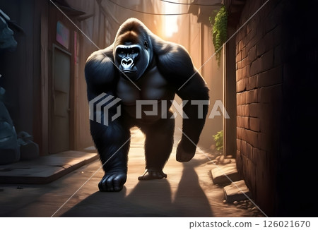 黃昏時分，一隻兇猛的大猩猩出現在城市小巷裡 126021670