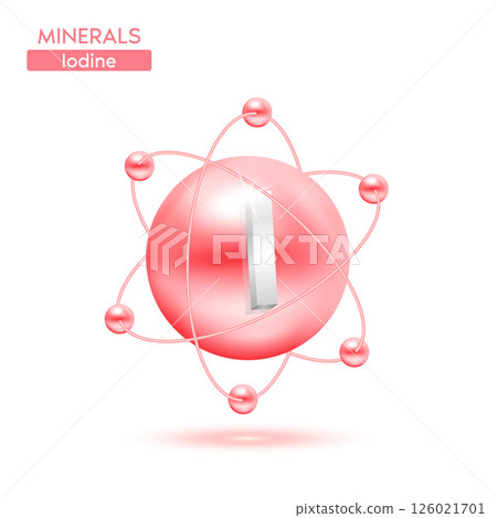 Minerals iodine atom surrounded by electrons pink. Icon 3D isolated on a white background. Medical scientific concepts. 3D Vector EPS10 illustration. Minerals iodine atom surrounded by electrons pink. Icon 3D isolated on a white background. Medical scientific concepts. 3D Vector EPS10 illustration. 126021701