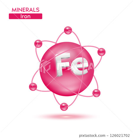 Minerals iron atom surrounded by electrons pink. Icon 3D isolated on a white background. Medical scientific concepts. 3D Vector EPS10 illustration. 126021702