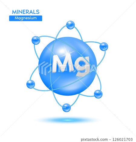 Minerals magnesium atom surrounded by electrons orange. Icon 3D isolated on a white background. Medical scientific concepts. 3D Vector EPS10 illustration. 126021703