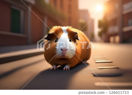 A curious guinea pig looks around on a city street 126021723