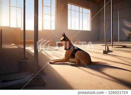 一隻狗盯著空蕩蕩的建築工地:寧靜而緊張的時刻 一隻狗盯著空蕩蕩的建築工地:寧靜而緊張的時刻 126021724