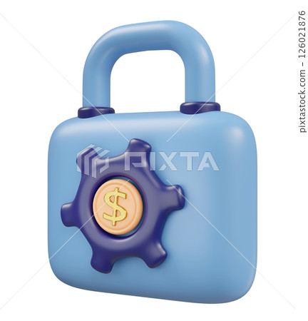 3d cartoon padlock icon with gear dollars coins isolated. Internet security, privacy protection, ransomware protect, security business banking, saving money concept, 3d render 126021876
